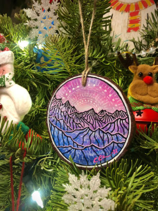 Tiny Wood Round "Cool Mountain Sunset II" Art/Ornament