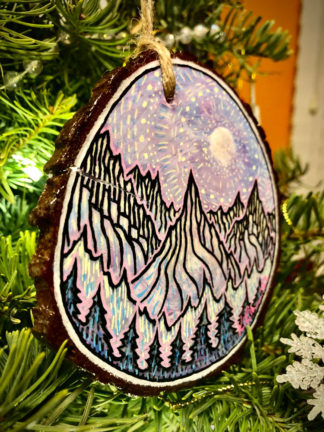Tiny Wood Round "Full Moon Above the Snowy Peaks" Art/Ornament