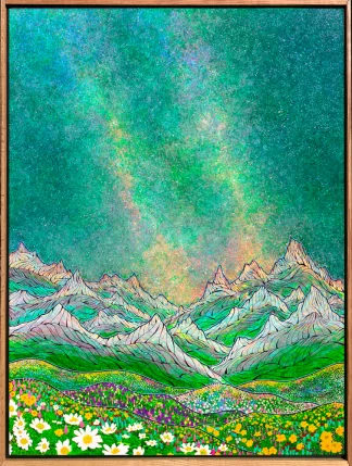 Wildflower Meadow Under Emerald Night Sky ~ 47.5"x35.5" Framed